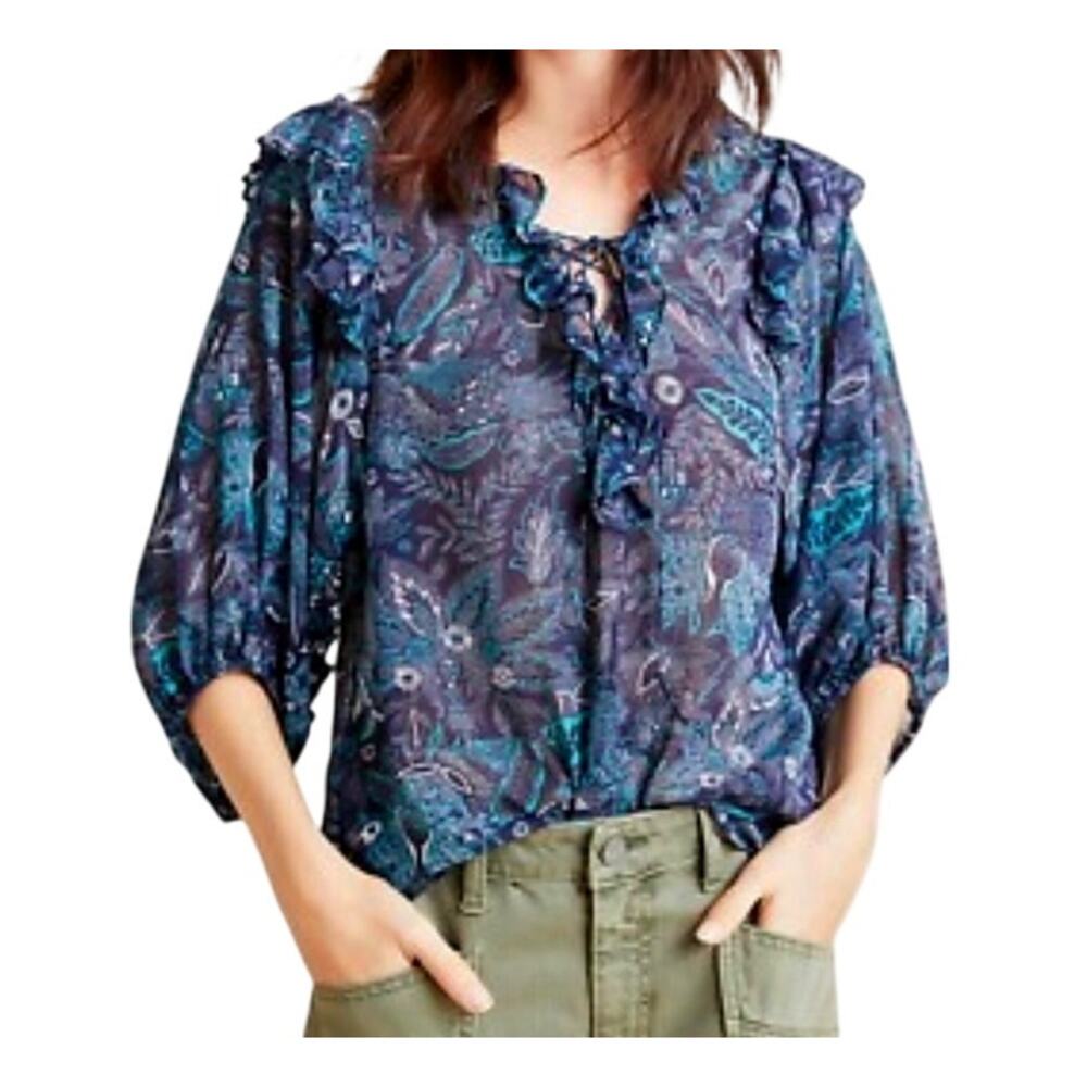Anthropologie Nwt Haida Floral Peasant Blouse Navy